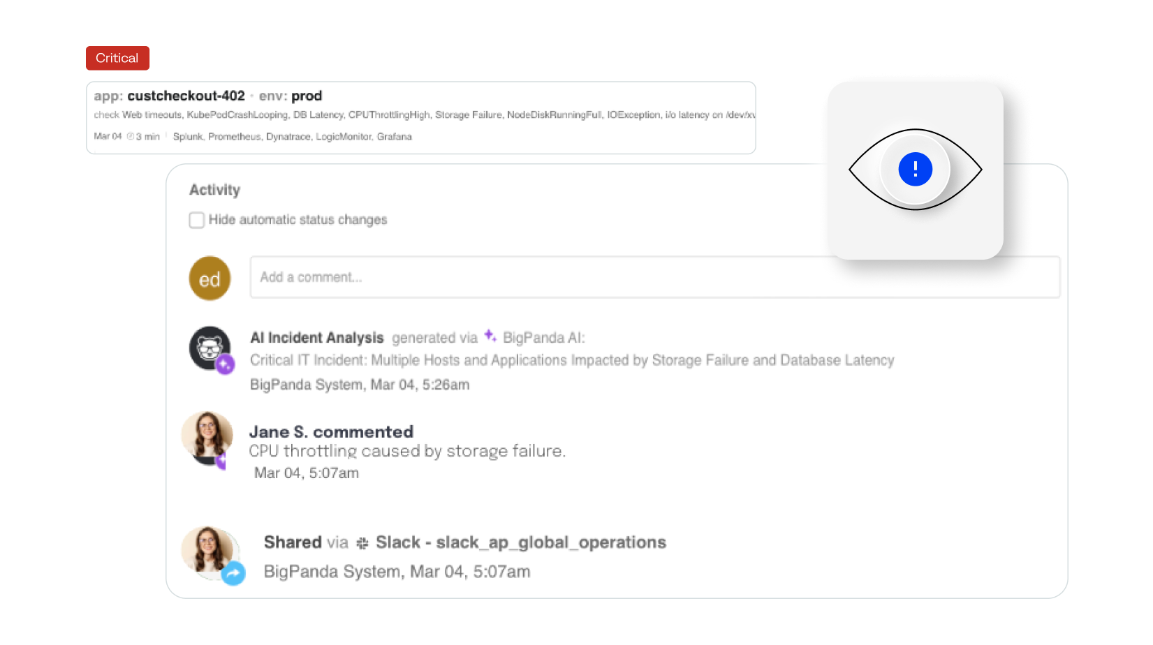 Detail from BigPanda Similar Incidents allows operators to identify the next steps quickly.