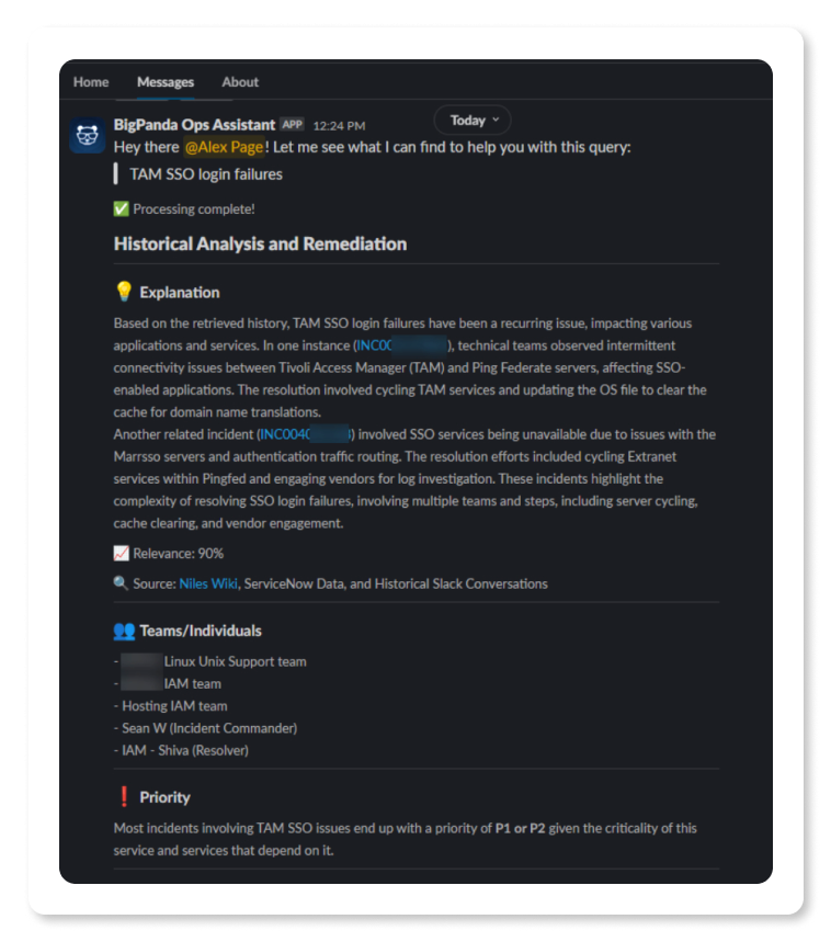 Copilot historical analysis and remediation details of prior related incidents, including team members with experience.