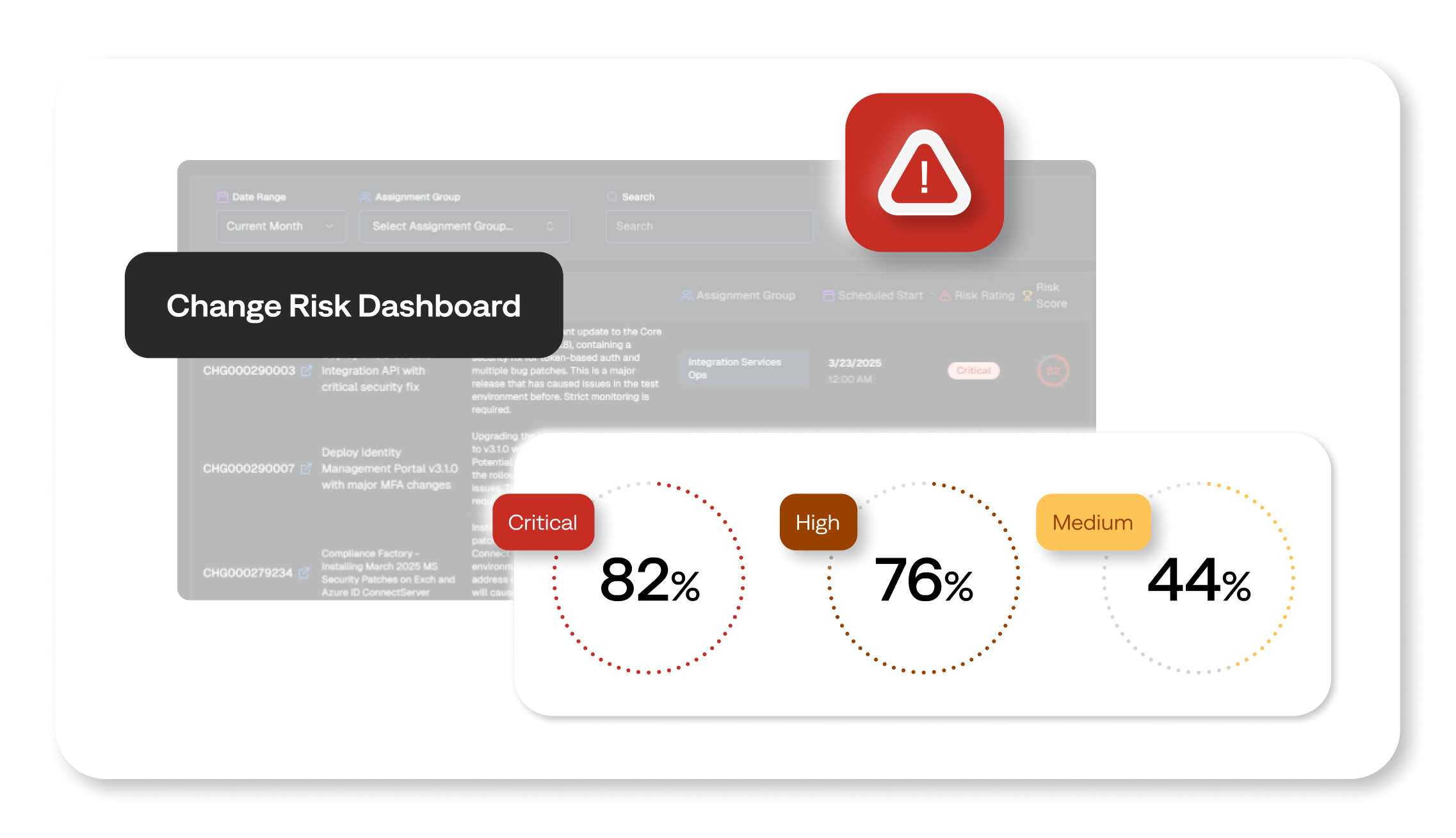 With change risk management from BigPanda, you can instantly view all change requests in your environment and assess their associated risks.