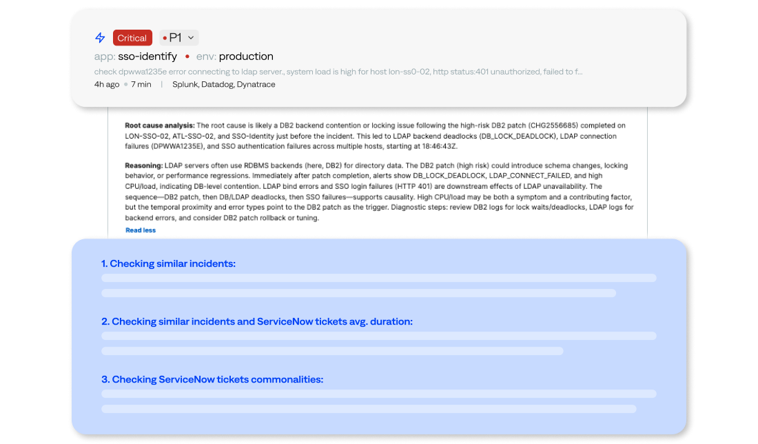AI agents collect and summarize relevant incident data to help enhance your L1 engineers’ understanding and confidence.